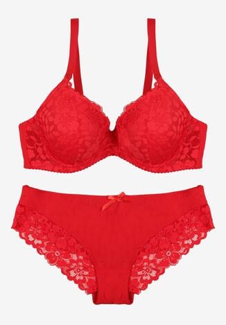 Czerwony Klasyczny Komplet Biustonosz i Majtki Figi z Koronką Ezilene