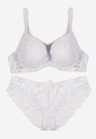 Biały Klasyczny Komplet Biustonosz i Majtki Figi z Koronką Ezilene