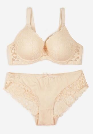Beżowy Klasyczny Komplet Biustonosz i Majtki Figi z Koronką Ezilene