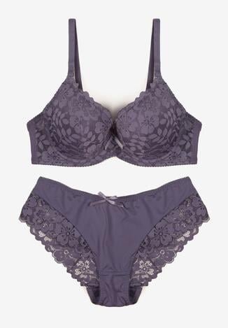 Fioletowy Komplet Biustonosz i Majtki Typu Figi Ozdobiony Koronką Ezivane
