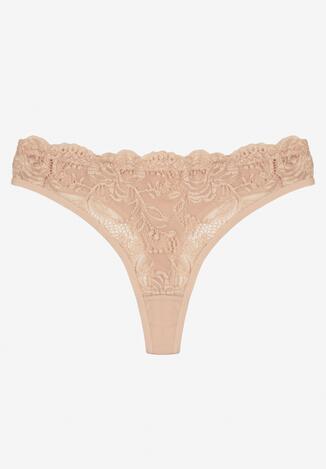 Beżowe Koronkowe Majtki Stringi z Bawełny Venalora