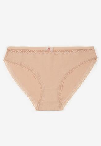 Beżowe Bawełniane Majtki Typu Figi z Koronką i Kokardą Zeteria