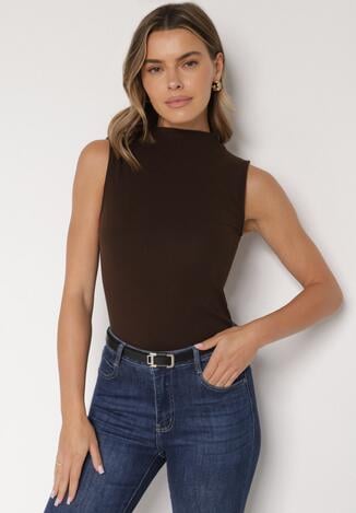 Ciemnobrązowy Bawełniany Top o Dopasowanym Kroju z Półgolfem Unarisa