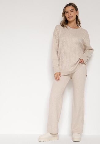 Jasnobeżowy Komplet Dzianinowy z Bawełną i Wełną Spodnie i Warkoczowy Sweter Errela