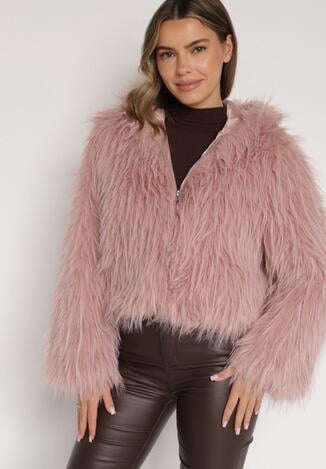 Różowa Kurtka Futerko na Suwak z Kapturem Zetale