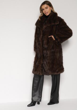 Brązowy Jednorzędowy Płaszcz Futro z Szerokim Kołnierzem Wedinalia
