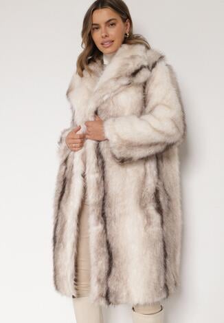 Biały Płaszcz Futro z Szerokim Kołnierzem i Kieszeniami Ezinda