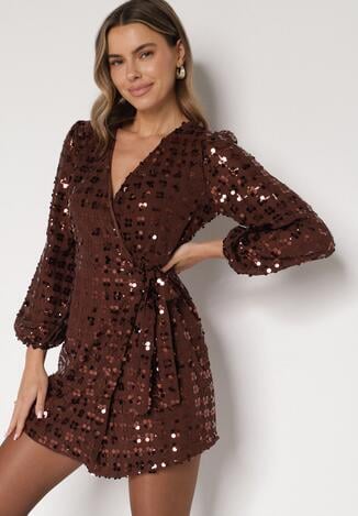 Brązowa Kopertowa Sukienka z Wiązaniem Zdobiona Cekinami Wedelessa