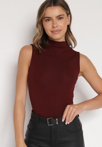 Bordowy Bawełniany Top o Dopasowanym Kroju z Półgolfem Unarisa