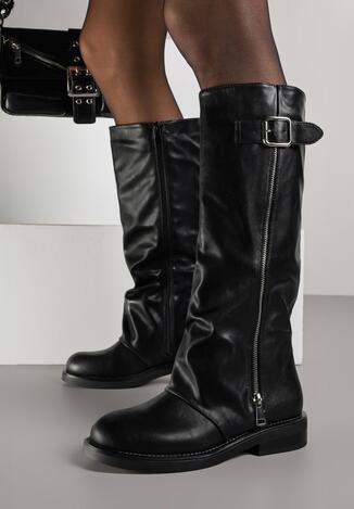 Czarne Kozaki Typu Bikery Ozdobione Suwakiem i Klamrą Linvera