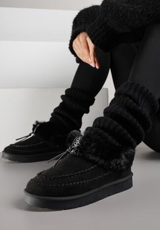 Czarne Śniegowce na Grubej Podeszwie z Futerkiem i Przeszciami Linafra