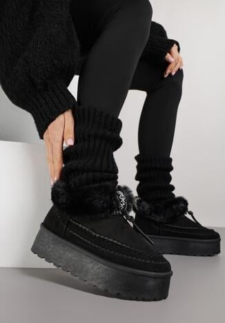 Czarne Śniegowce na Grubej Podeszwie z Ozdobnymi Przeszyciami i Futerkiem Lindera