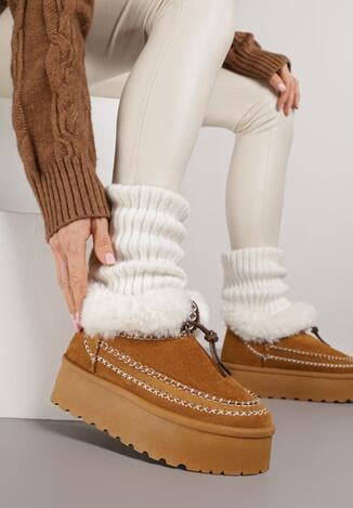 Brązowe Śniegowce na Grubej Podeszwie z Ozdobnymi Przeszyciami i Futerkiem Lindera