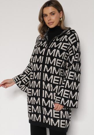 Czarno-Biały Rozpinany Kardigan z Kapturem z Motywem Liter Belletusa