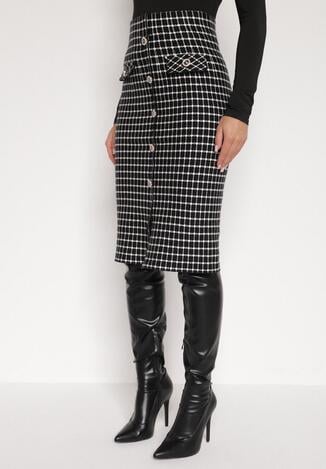 Czarno-Biała Ołówkowa Tweedowa Spódnica w Kraciasty Wzór z Guzikami Anitusa