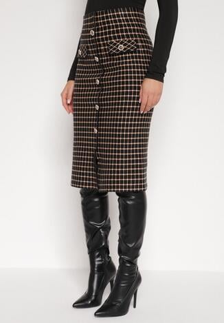 Czarno-Beżowa Ołówkowa Tweedowa Spódnica w Kraciasty Wzór z Guzikami Anitusa