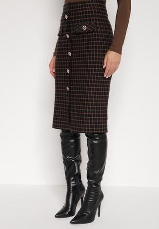 Czarna Ołówkowa Tweedowa Spódnica w Kraciasty Wzór z Guzikami Anitusa