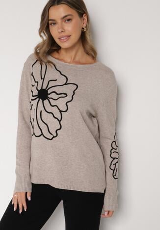 Beżowy Sweter Ozdobiony Haftowanymi Kwiatami Halatusea