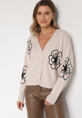 Beżowy Kardigan na Guziki w Haftowane Kwiaty Tustara