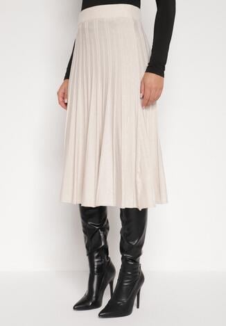 Beżowa Rozkloszowana Plisowana Spódnica Dzianinowa Tussana