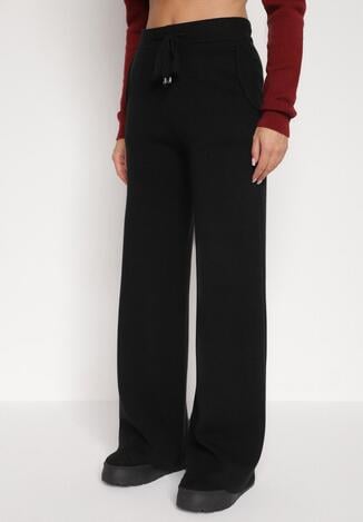 Czarne Dzianinowe Spodnie o Szerokim Kroju ze Sznurkami Melatusa
