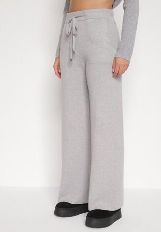Szare Dzianinowe Spodnie o Szerokim Kroju ze Sznurkami Melatusa