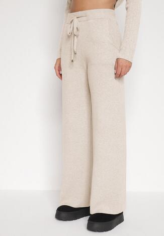 Jasnobeżowe Dzianinowe Spodnie o Szerokim Kroju ze Sznurkami Melatusa