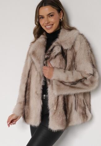 Beżowa Kurtka Futerko z Jednorzędowym Zapięciem i Szerokim Kołnierzem Tesella