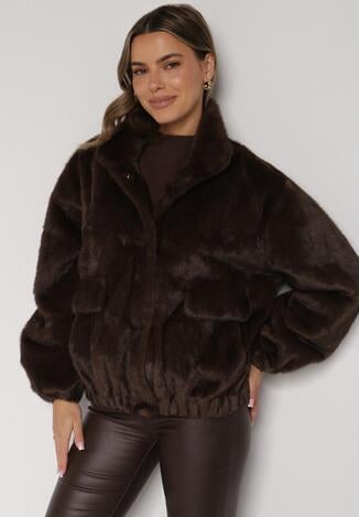 Brązowa Kurtka Futerko o Kroju Bomberki z Kieszeniami Tiwedara