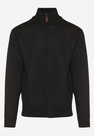 Czarny Kardigan w Jodełkę na Suwak z Polarową Wyściółką Iwedara