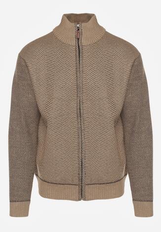 Ciemnobeżowy Kardigan w Jodełkę na Suwak z Polarową Wyściółką Iwedara