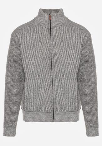 Szary Kardigan w Jodełkę na Suwak z Polarową Wyściółką Iwedara