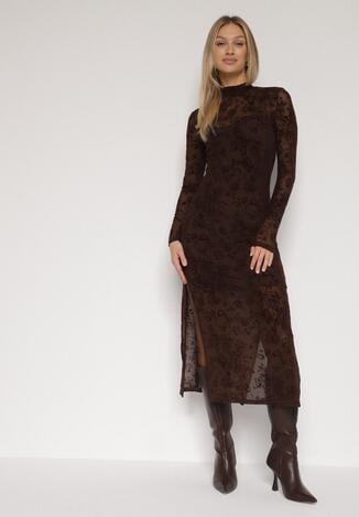Brązowa Dopasowana Sukienka z Dodatkiem Wiskozy i Welurowymi Kwiatami Vetielle