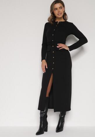 Czarna Sukienka Koszulowa z Wiskozą Guzikami i Paskiem Vetienne