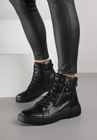 Czarne Sportowe Botki ze Sznurowaną Cholewką i Ozdobnym Suwakiem Ezilare