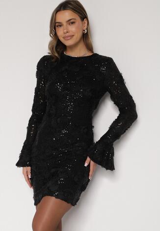 Czarna Cekinowa Sukienka z Kwiatami 3D Naweda
