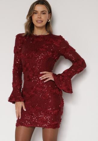 Bordowa Cekinowa Sukienka z Kwiatami 3D Naweda