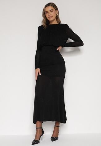 Czarna Taliowana Sukienka z Bufiastą Górą Gumką w Pasie i Cyrkoniami Inweda