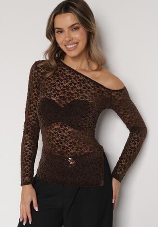 Brązowa Koronkowa Bluzka z Długim Rękawem i Asymetrycznym Dekoltem Liwedara