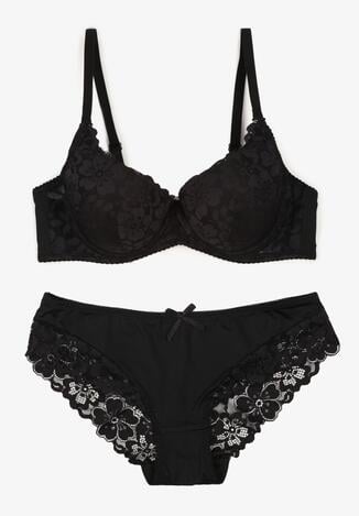Czarny Komplet Biustonosz i Majtki Typu Figi Ozdobiony Koronką Ezivane