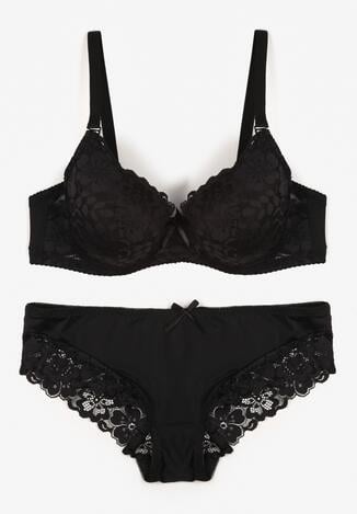 Czarny Klasyczny Komplet Biustonosz i Majtki Figi z Koronką Ezilene