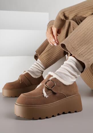 Brązowe Śniegowce na Grubej Podeszwie z Paskiem z Klamerką i Futerkiem Uwedina