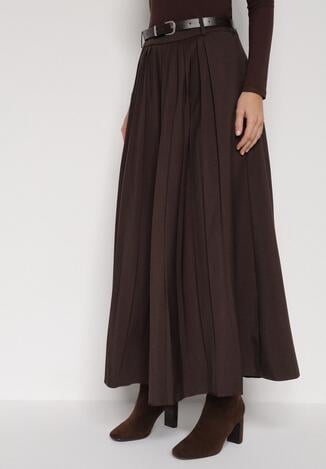 Brązowa Wiskozowa Spódnica o Rozkloszowanym Kroju z Paskiem z Klamrą Lawedisa