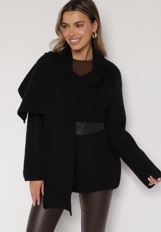 Czarny Wiskozowy Kardigan z Paskiem i Narzutką Rewedisa