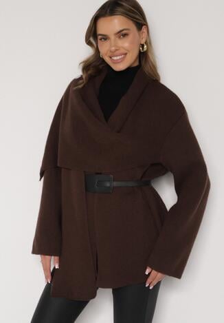Brązowy Wiskozowy Kardigan z Paskiem i Narzutką Rewedisa