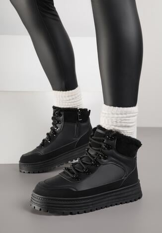 Czarne Sneakersy na Grubej Podeszwie z Futerkiem Alweda