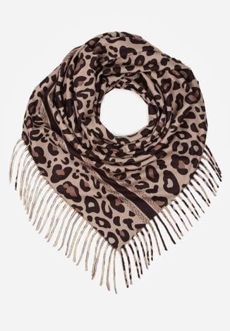 Brązowy Panterkowy Szalik z Wiskozy Zdobiony Frędzlami Ferenea