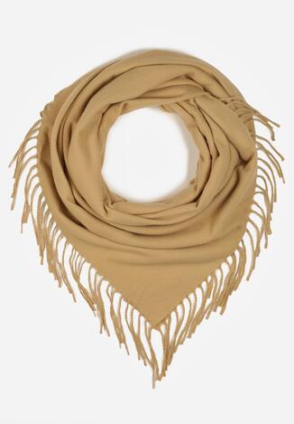 Beżowy Trójkątny Szalik Zdobiony Frędzlami Vetifara