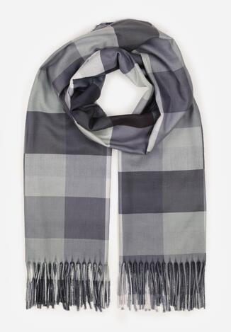 Czarny Szalik z Wiskozy z Frędzlami w Szeroką Kratę Califera