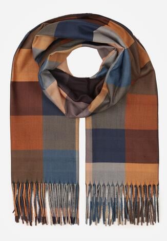 Brązowy Szalik z Wiskozy z Frędzlami w Szeroką Kratę Califera